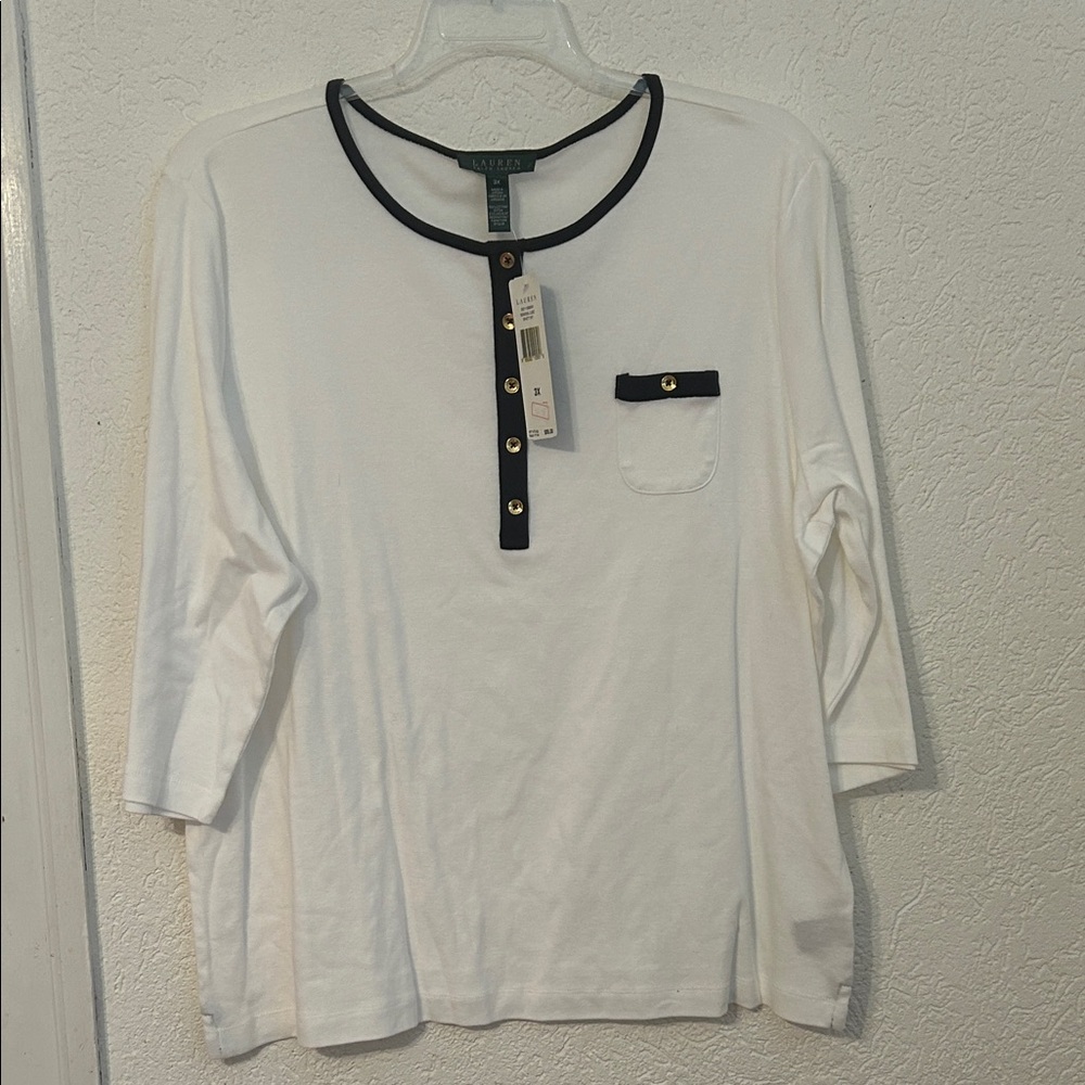 Lauren Ralph Lauren White Long Sleeve Tee with Black Accents